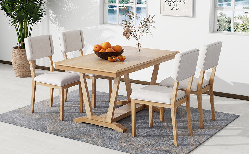 Rustic 5-piece Dining Table Set with 4 Upholstered Chairs - Natural