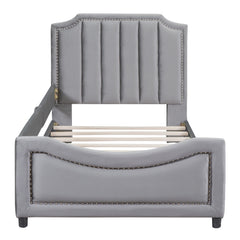 Twin Size Upholstered Daybed with Classic Stripe Shaped  Headboard - Gray