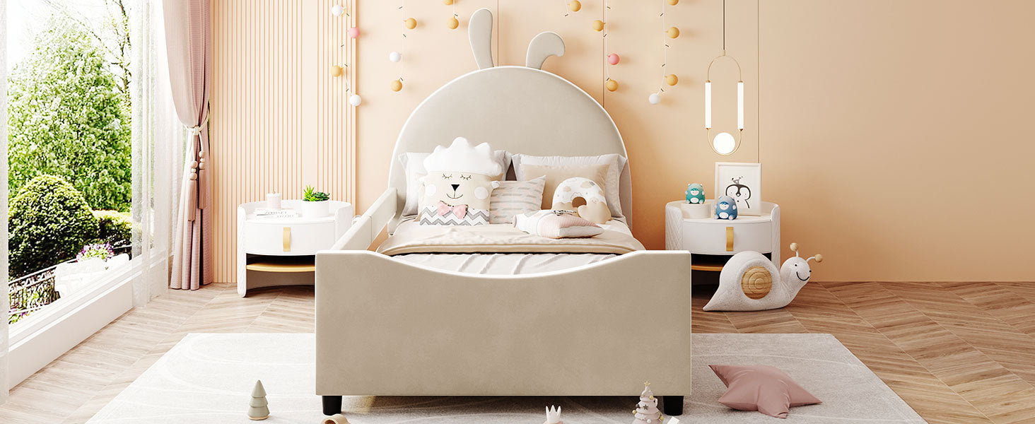 Twin Size Upholstered Daybed with Rabbit Ear Shaped Headboard - Beige