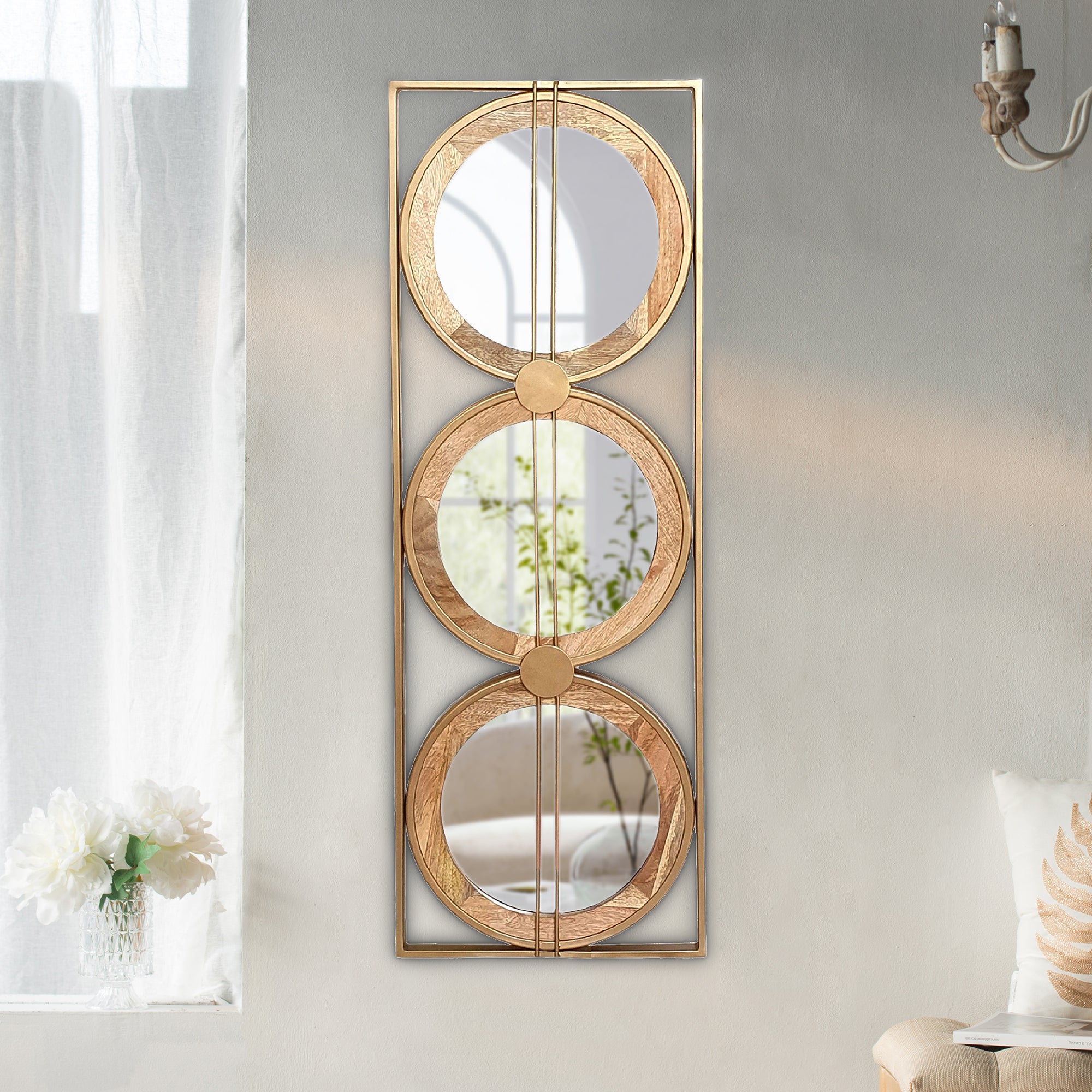 3 Mirror Piece Wall Mirror in Gold Rectangular Frame 40"x14" - Wood+Glass