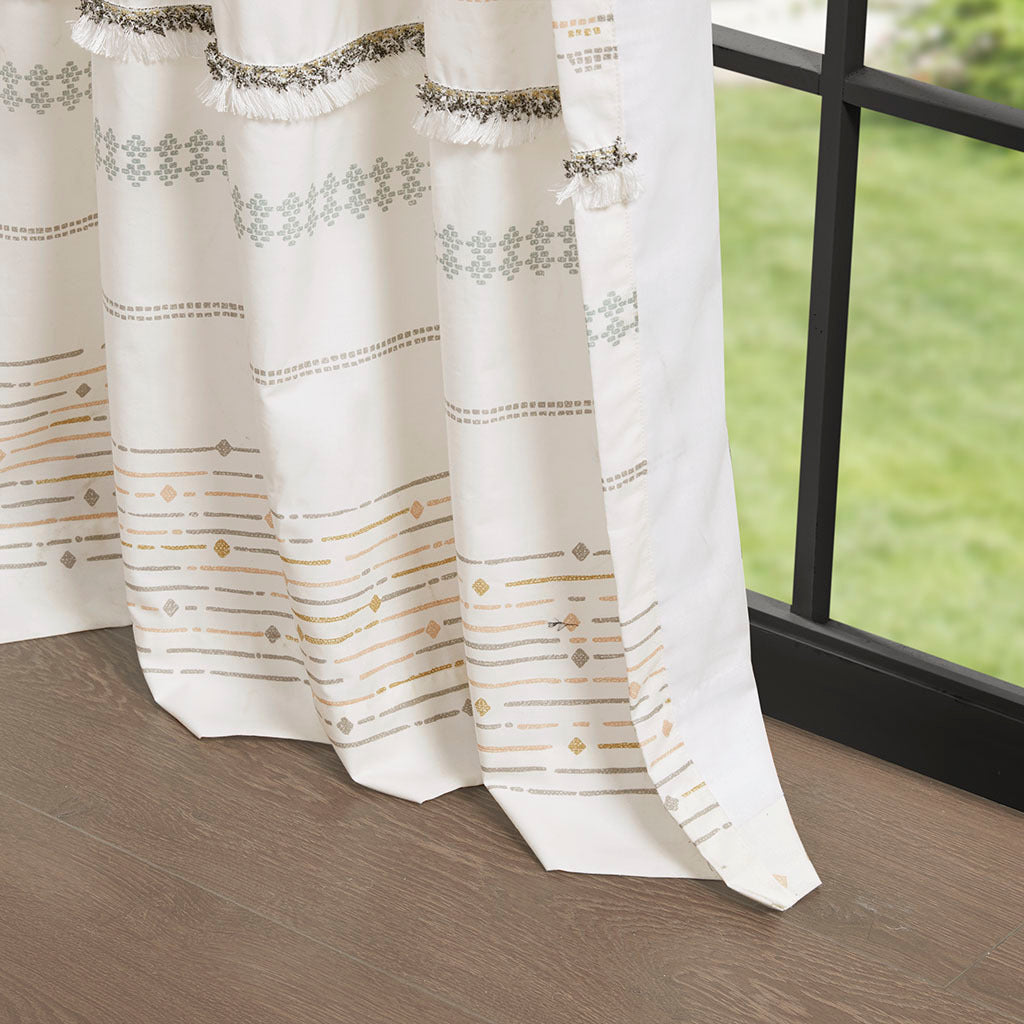 Cotton Printed Curtain Panel with tassel trim and Lining - Off White+Gray