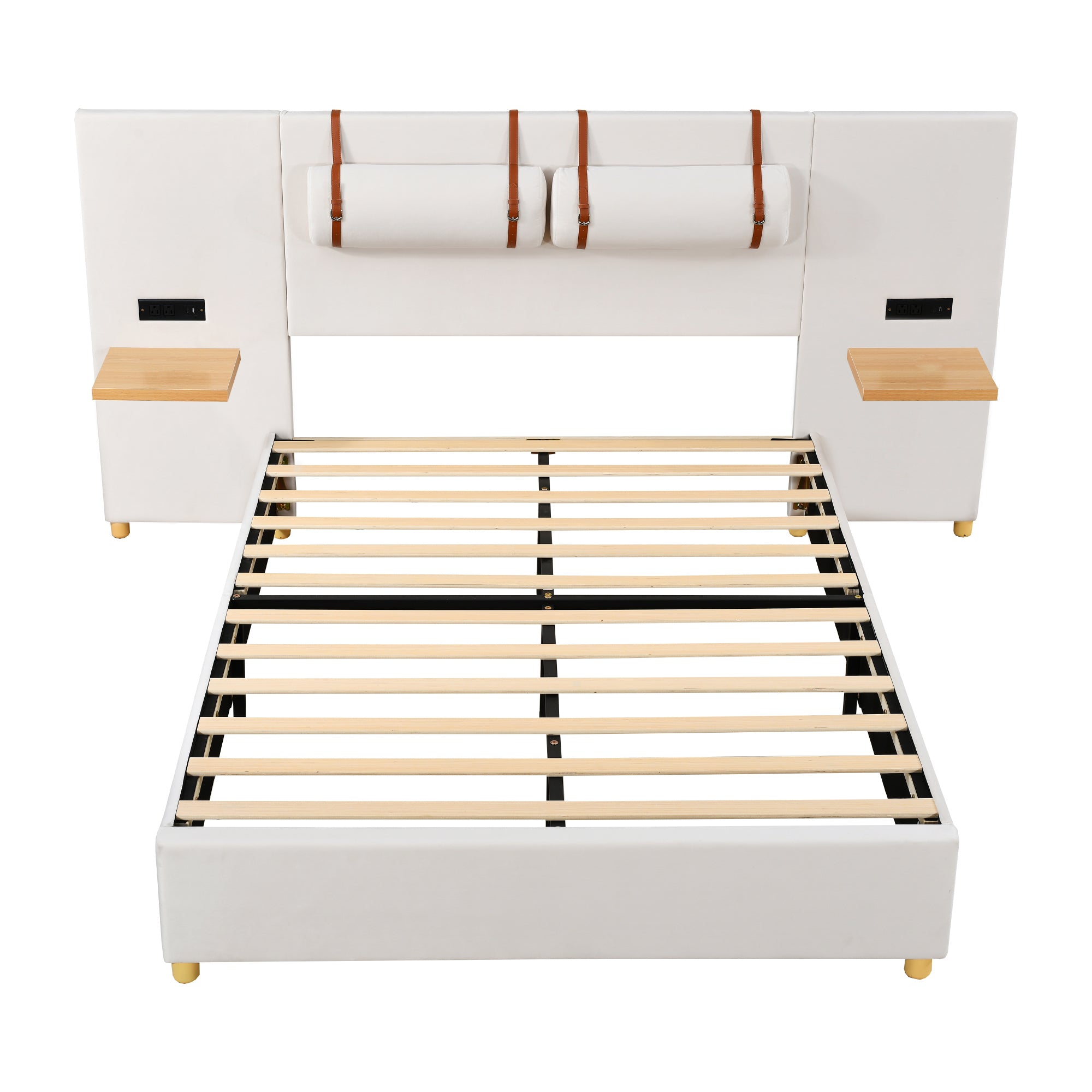 Full Size Upholstered Platform Bed, Two Outlets and USB Charging Ports on Both Sides, Two Bedside Pillows, Storage Shelves,Velvet - Beige