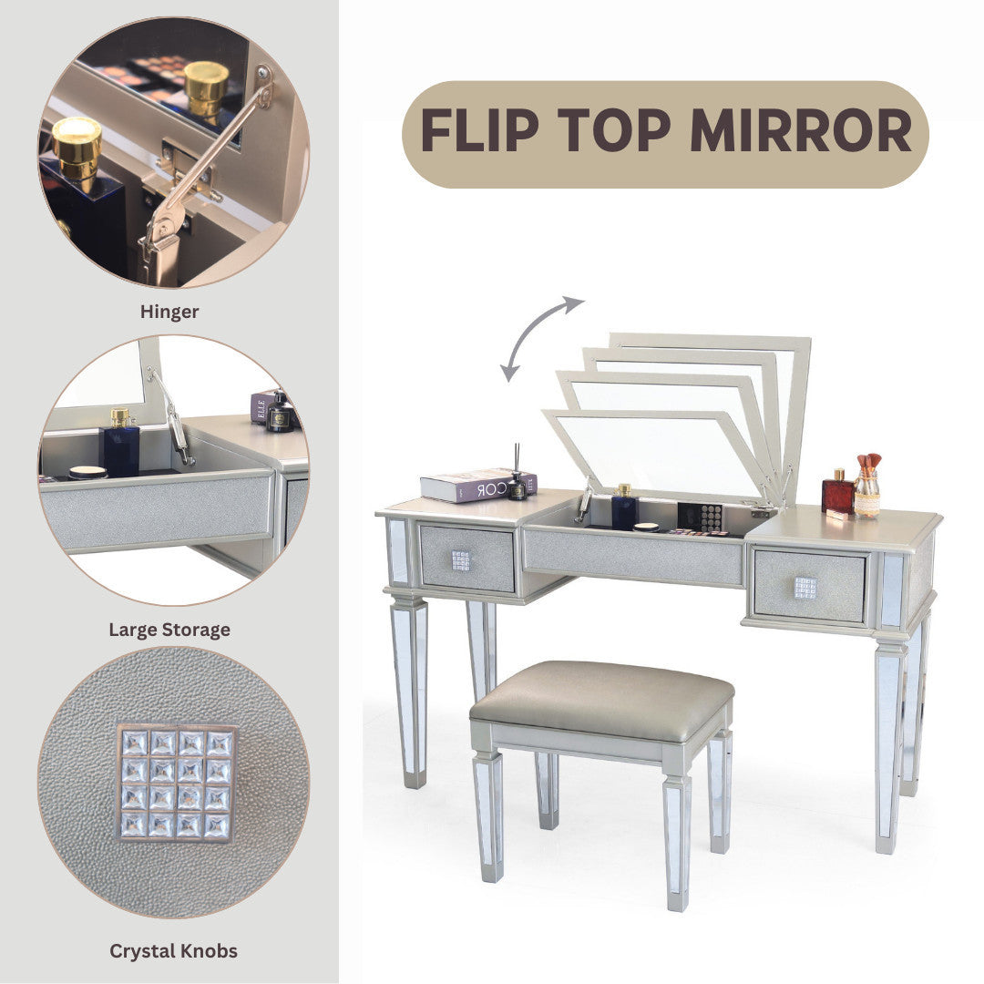 Mirrored Vanities Desk with Drawers, Bedroom Makeup Vanity Table Set with Mirror and Stool - Silver