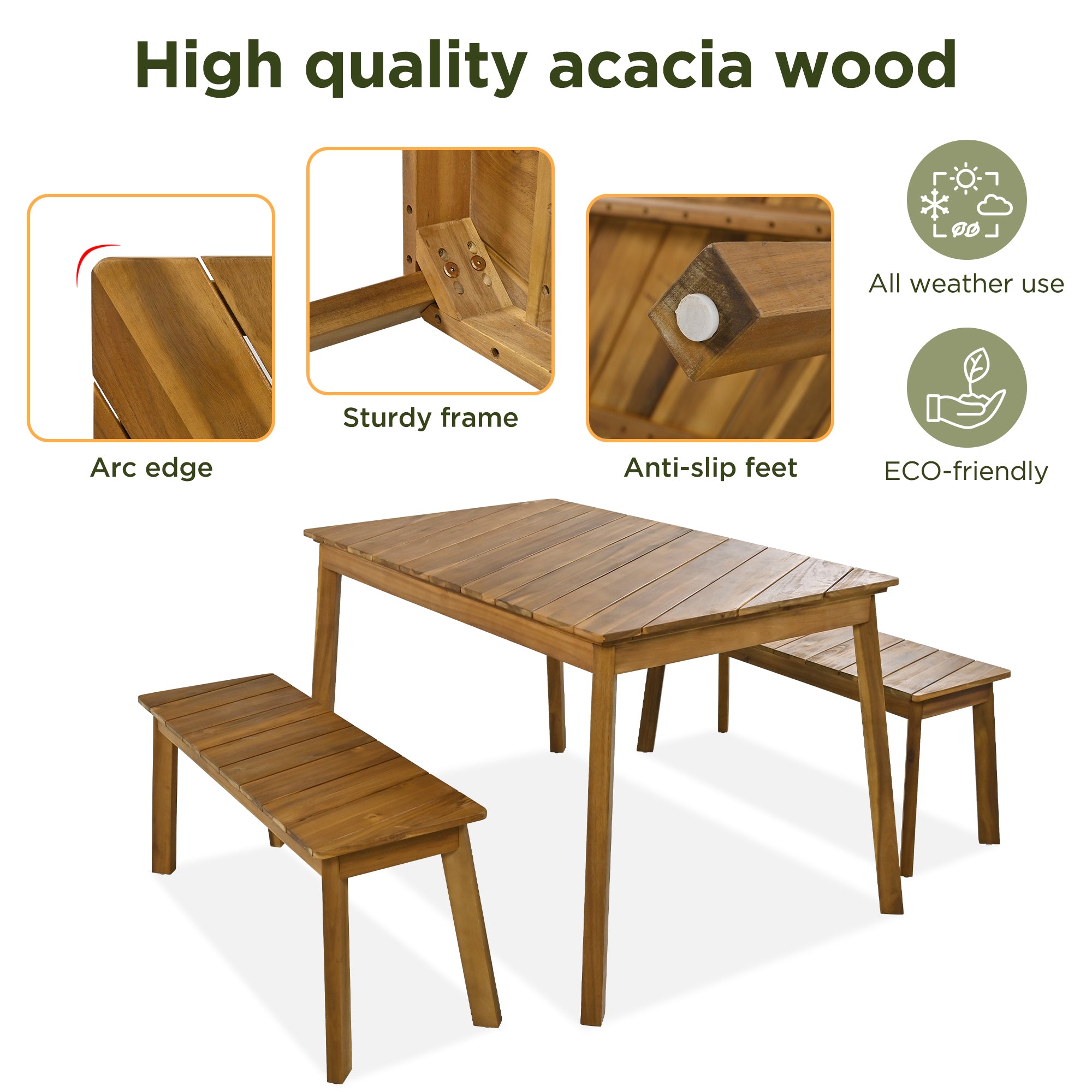 3 Pieces Acacia Wood Table Bench Dining Set For Outdoor & Indoor Furniture With 2 Benches, Picnic Beer Table for Patio, Porch, Garden, Poolside, Natural