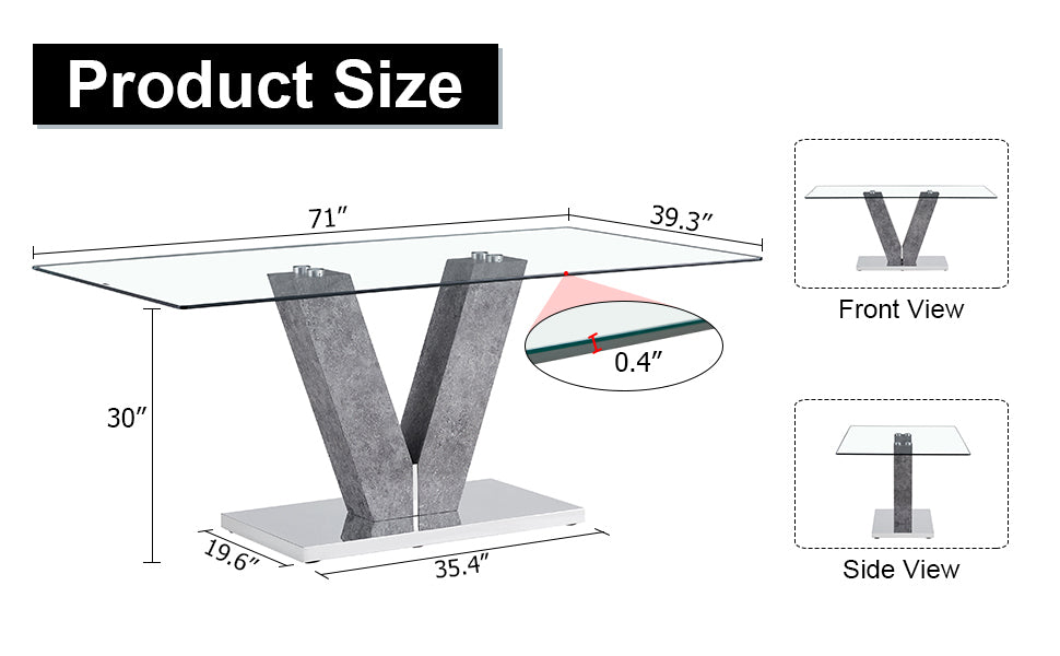 Modern Minimalist Rectangular Glass Dining Table for 6-8 people - Transparent Glass Silver V