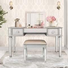 Mirrored Vanities Desk with Drawers, Bedroom Makeup Vanity Table Set with Mirror and Stool - Silver