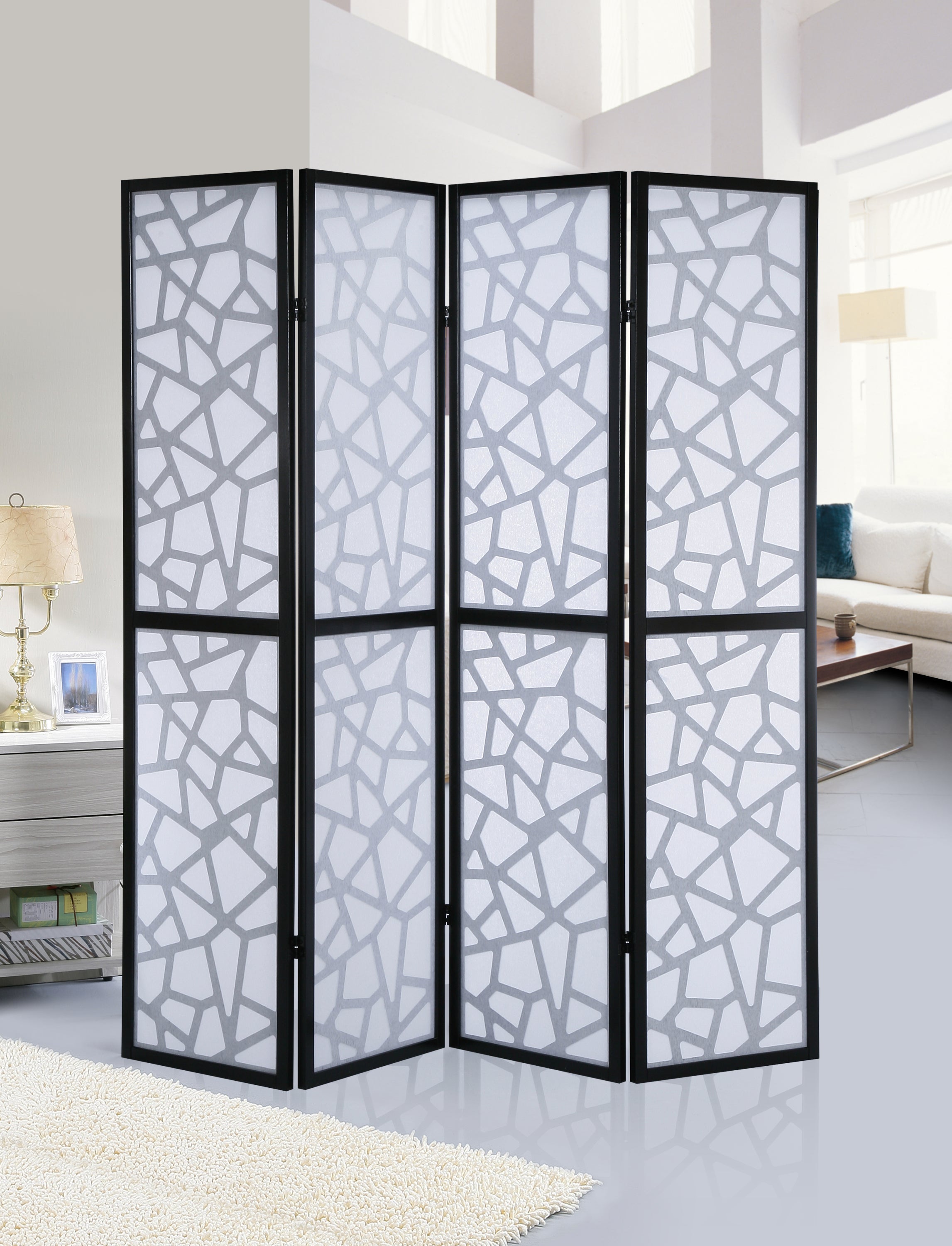 4 Panel Screen Room Divider, Black Wood+Paper