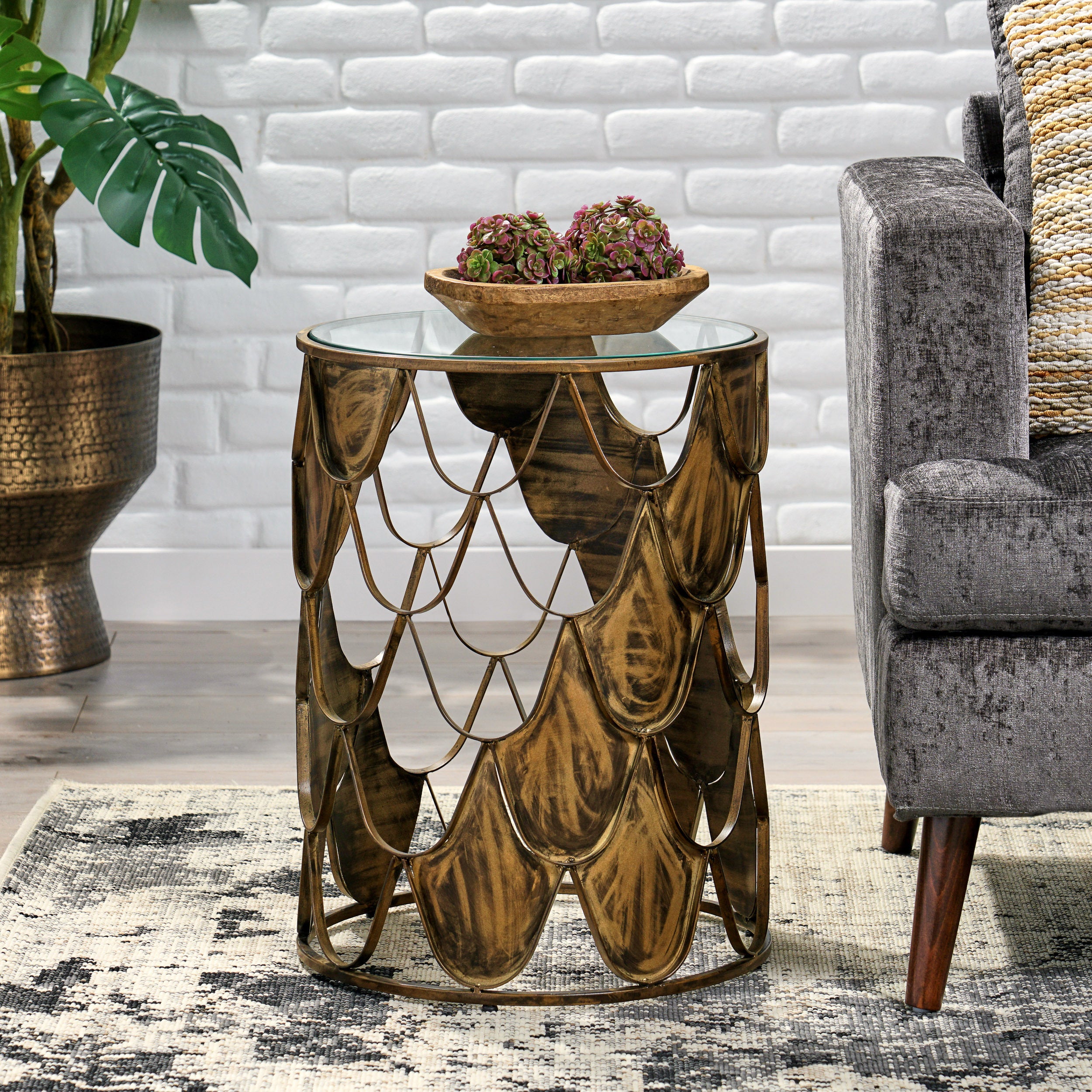 Artsy Boho Side Table - Glass & Metal - Brown