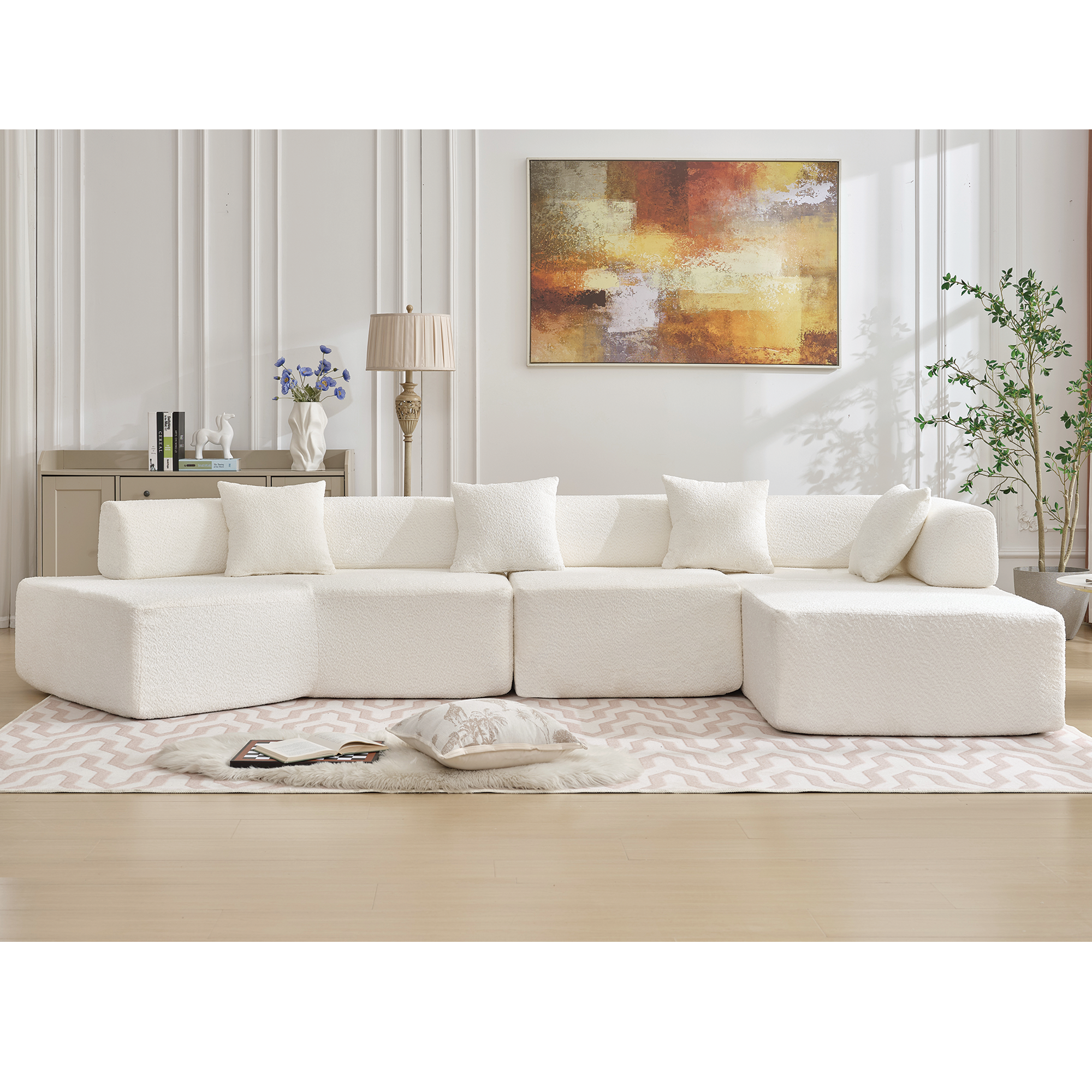 Modern Minimalist 140" L-Shape Couch, No Assembly Required - Boucle-White