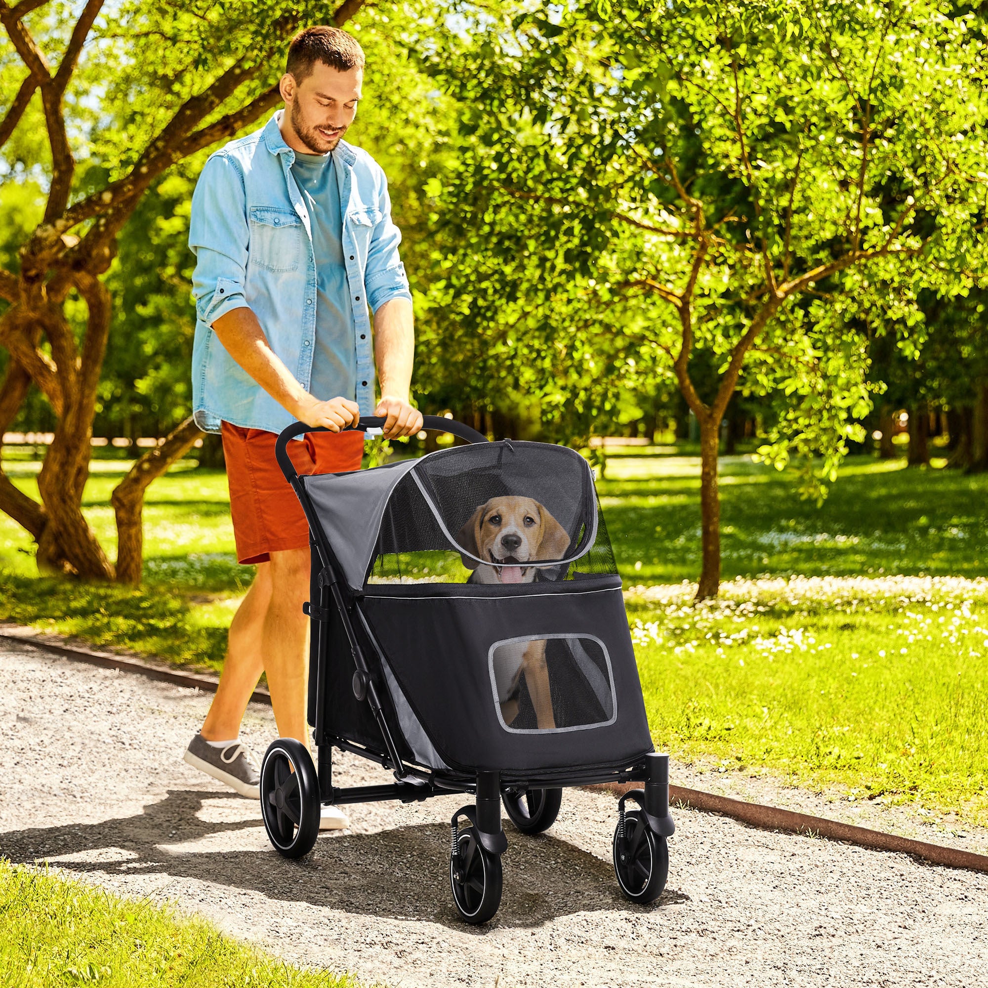 PawHut One-Click Foldable Doggy Stroller for Medium Large Dogs - Gray