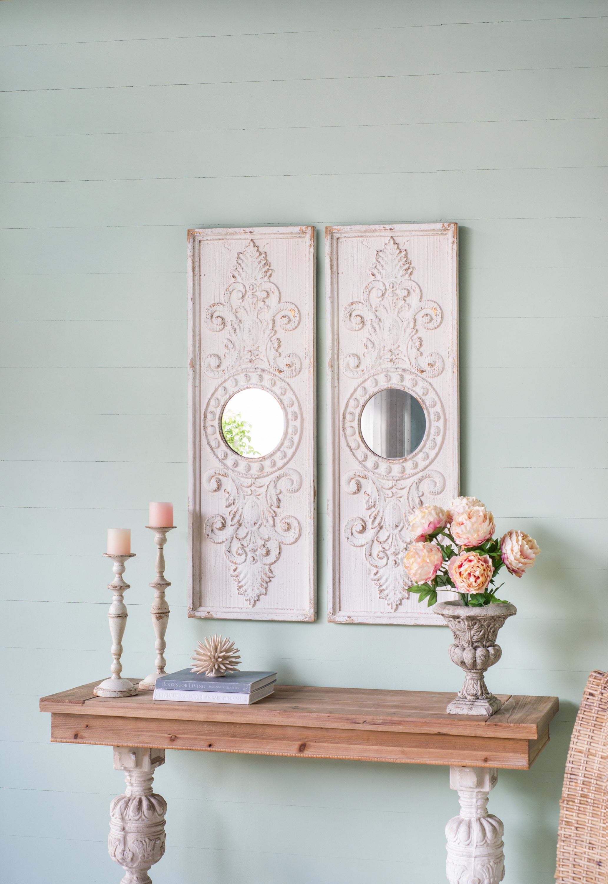 Set of 2 Large Wooden Wall Art Panels with Distressed White Finish and Round Mirror Accents, 17"x48"