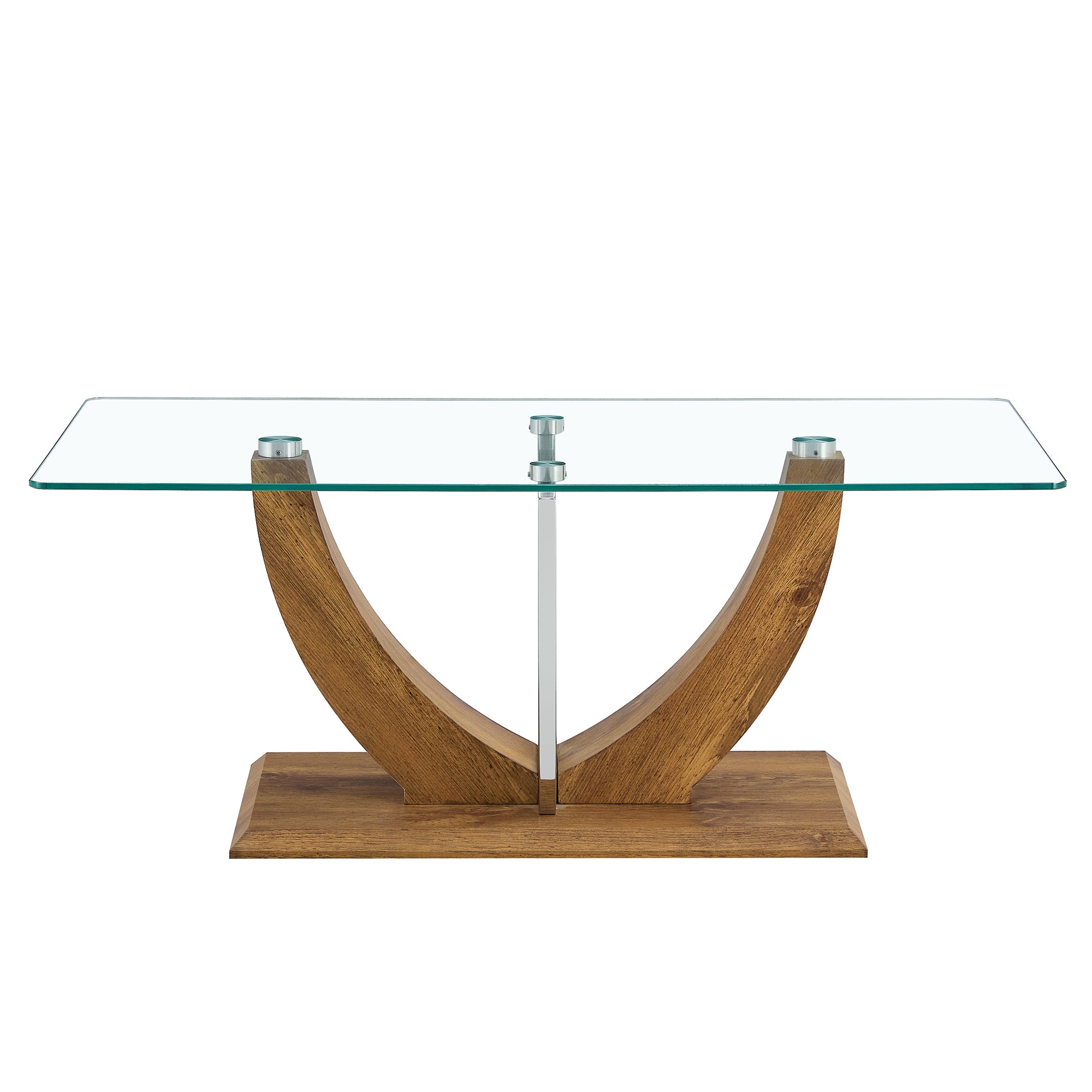 Modern Minimalist Transparent Tempered Glass Coffee Table with Wooden MDF legs and Stainless Steel Decorative Columns