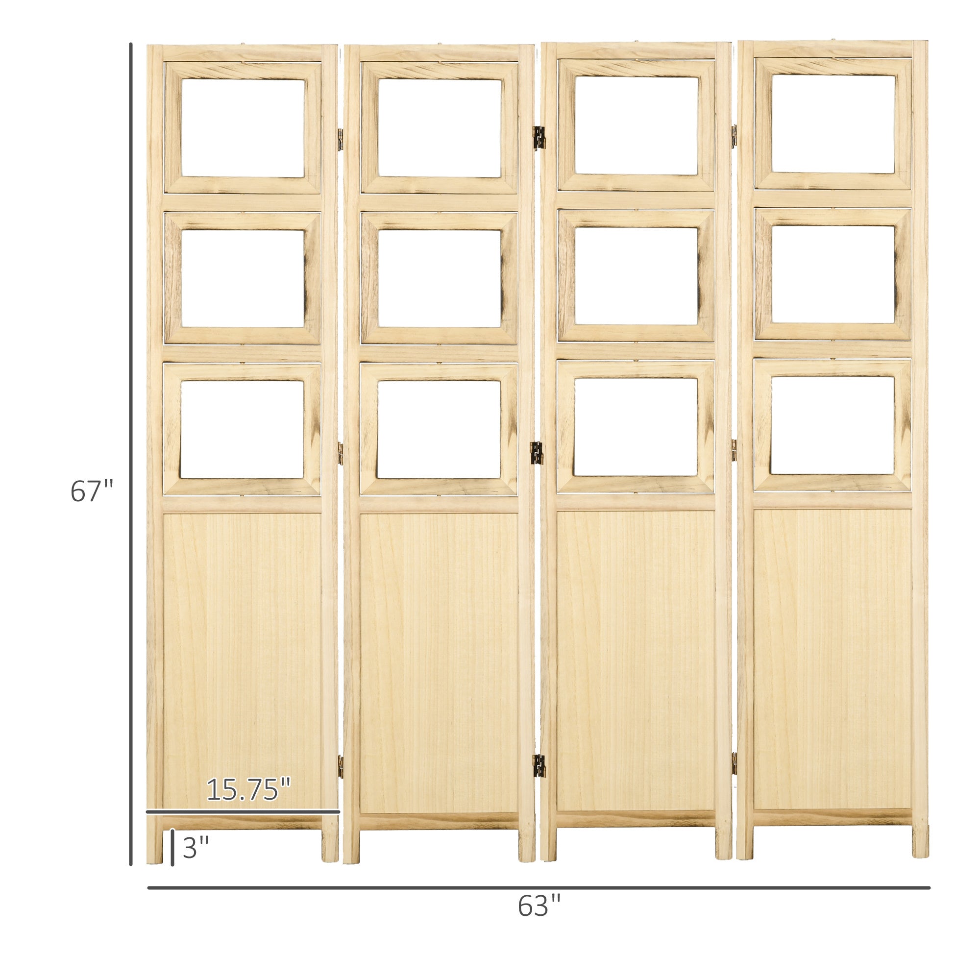 4 Panel Room Divider, 5.6' Indoor Wood Portable Folding Privacy Screens with Photo Frames and Cardstocks, Hinged Freestanding Partition Wall Dividers for Home Office, Natural