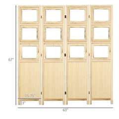 4 Panel Room Divider, 5.6' Indoor Wood Portable Folding Privacy Screens with Photo Frames and Cardstocks, Hinged Freestanding Partition Wall Dividers for Home Office, Natural