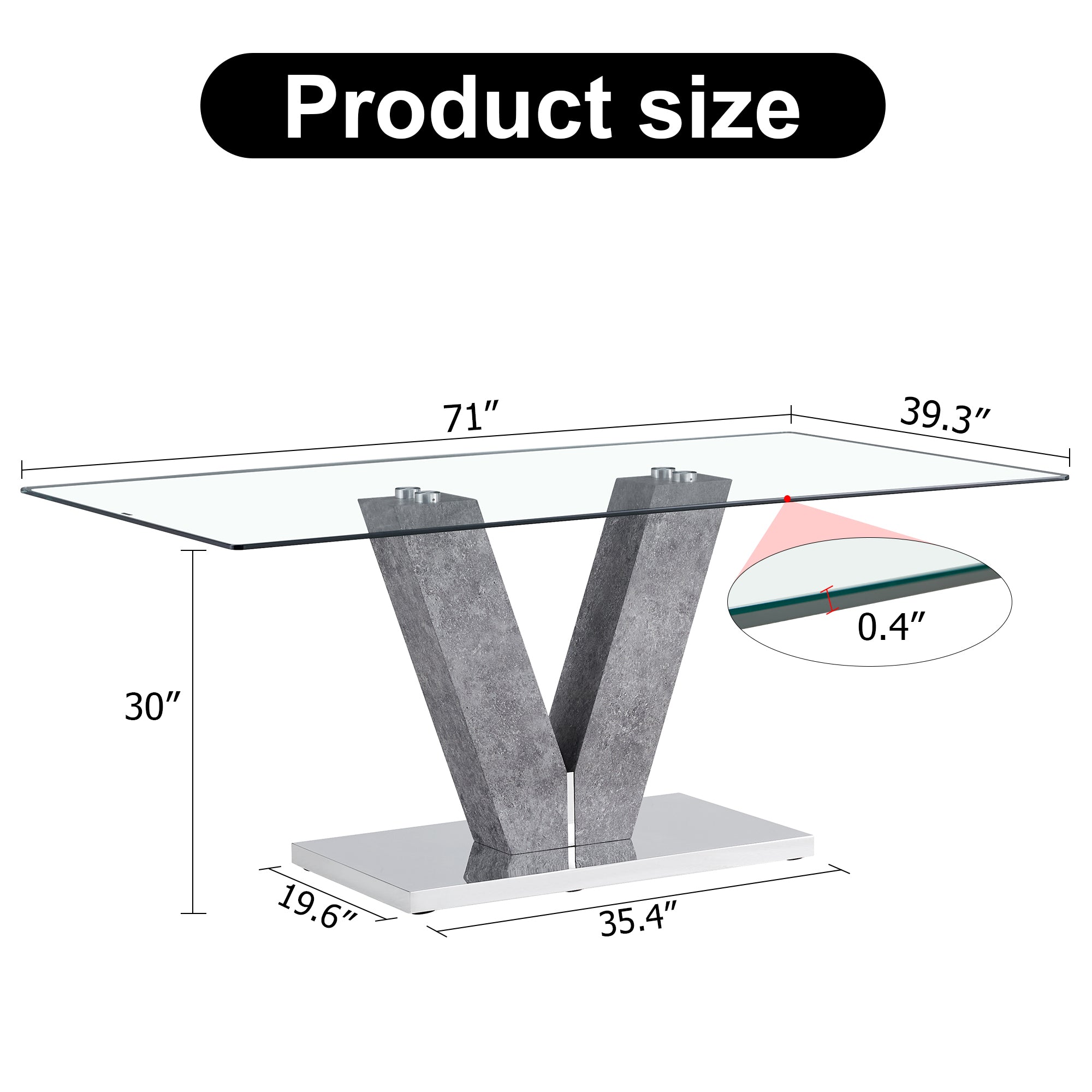 Modern Minimalist Rectangular Glass Dining Table for 6-8 people - Transparent Glass Silver V