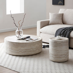 Modern Set of 2 Faux Travertine Textured Pattern Coffee Tables - No Need Assembly.