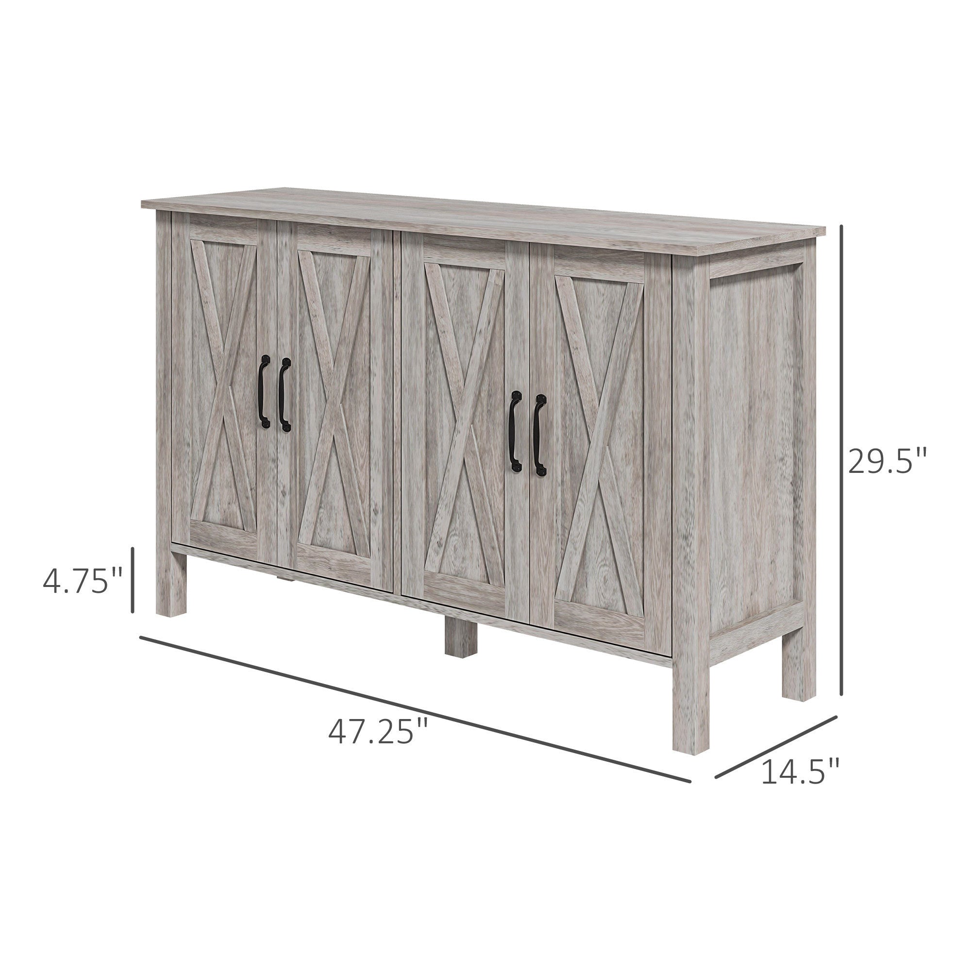Buffet Cabinet, 47" Sideboard with 4 Barn Doors and 2 Adjustable Shelves, Farmhouse Coffee Bar Cabinet, Gray Wood Grain