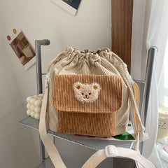 Cute Corduroy Drawstring Bucket Bag with Bear Design