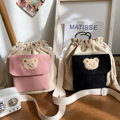 Cute Corduroy Drawstring Bucket Bag with Bear Design