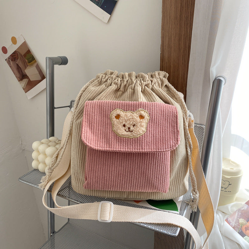 Cute Corduroy Drawstring Bucket Bag with Bear Design