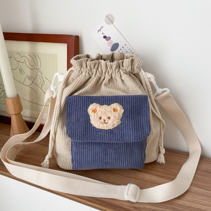 Cute Corduroy Drawstring Bucket Bag with Bear Design