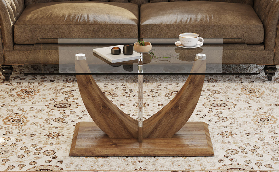 Modern Minimalist Transparent Tempered Glass Coffee Table with Wooden MDF legs and Stainless Steel Decorative Columns