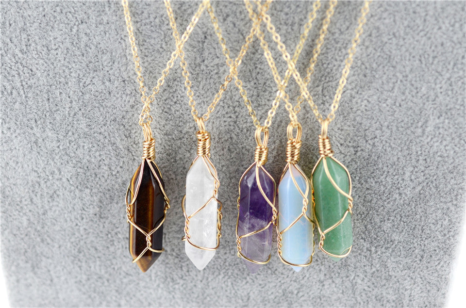 Hexagonal Column Quartz Gemstone Necklace Pendant - Natural Stone Bullet Crystal