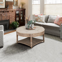 Large Round Ottoman Coffee Table 2 Tier Oversized Button Tufted Ottoman with Wooden Shelf Storage Farmhouse Upholstered Coffee Table Living Room Footstool Ottoman Linen