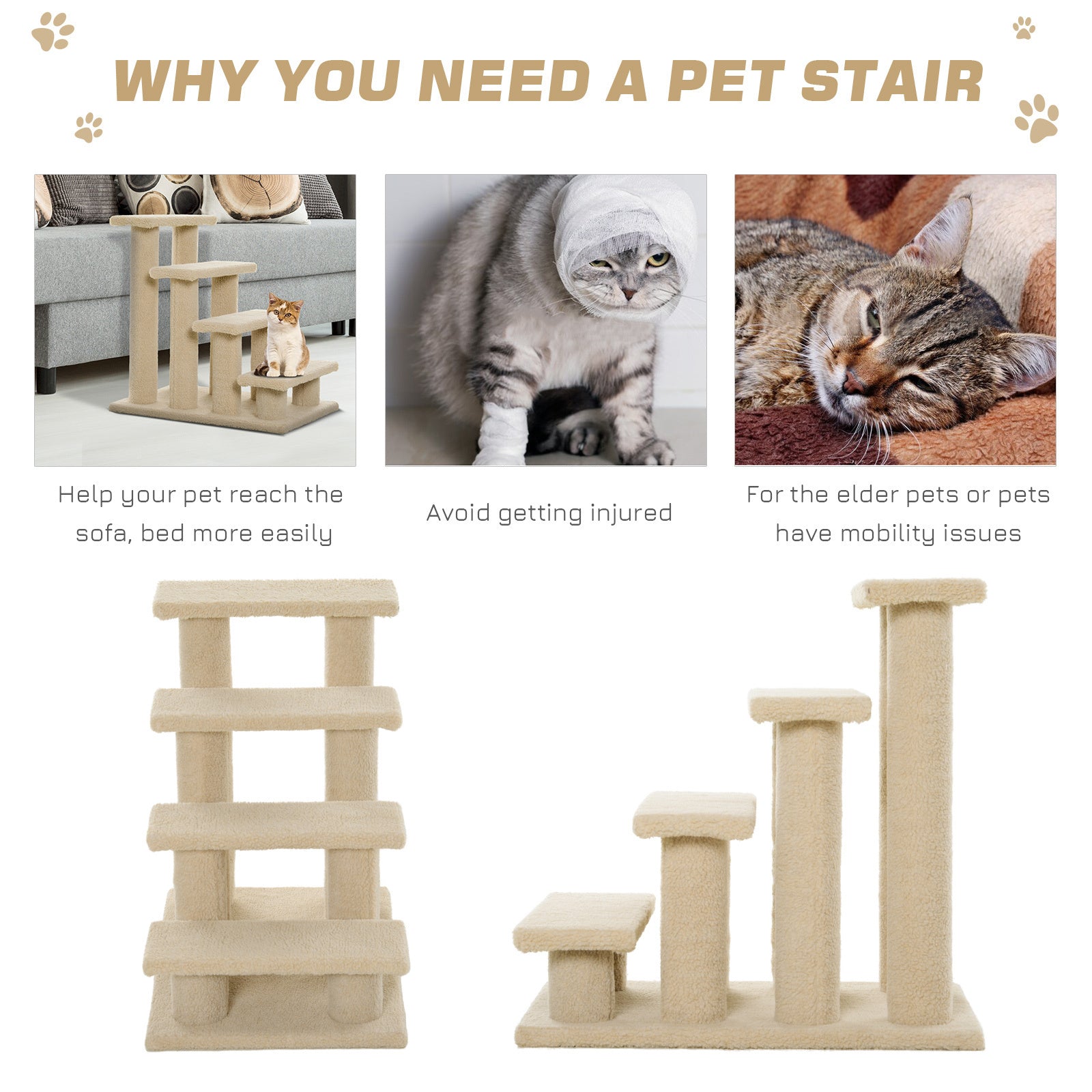 PawHut 25" 4-Step Multi-Level Carpeted Cat Scratching Post Pet Stairs, Beige