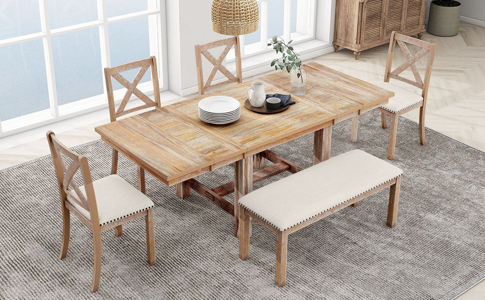 Farmhouse 6-Piece Extendable Dining Table with Footrest, 4 Upholstered Dining Chairs and Dining Bench - Natural+Beige Cushion