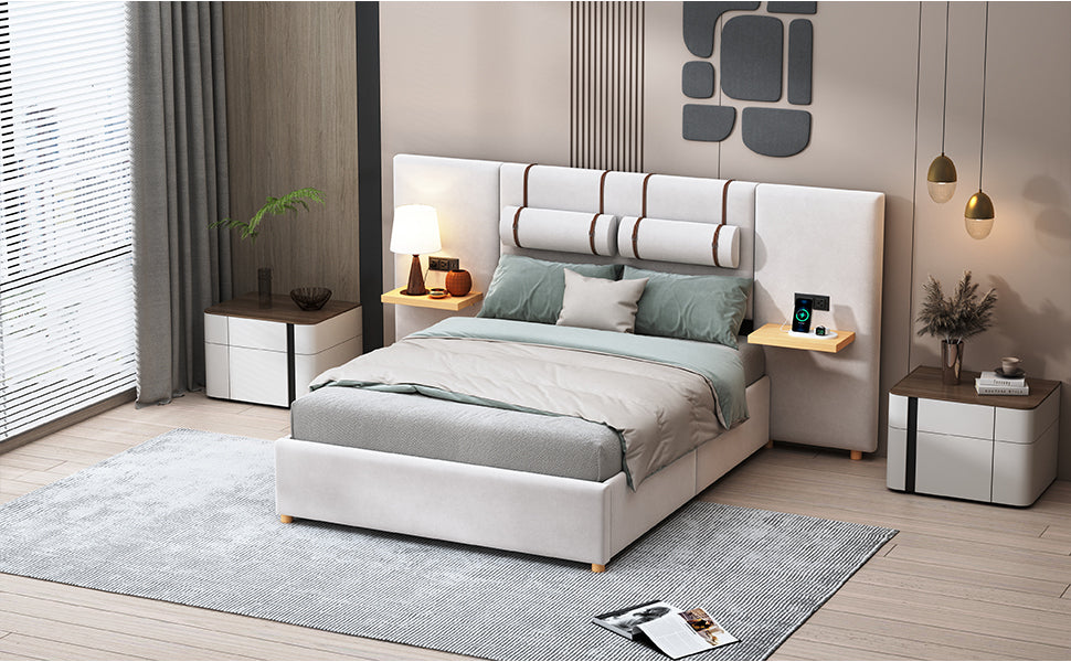 Full Size Upholstered Platform Bed, Two Outlets and USB Charging Ports on Both Sides, Two Bedside Pillows, Storage Shelves,Velvet - Beige