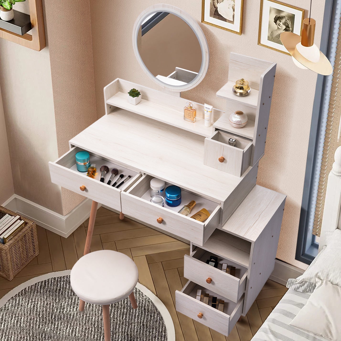 Stylish Vanity Table + Cushioned Stool, Touch Control LED Mirror, Large Capacity Storage Cabinet, 5 Drawers, Fashionable Makeup Furniture, Length Adjustable(L31.5"-43.2"x W15.8" x H48.1")