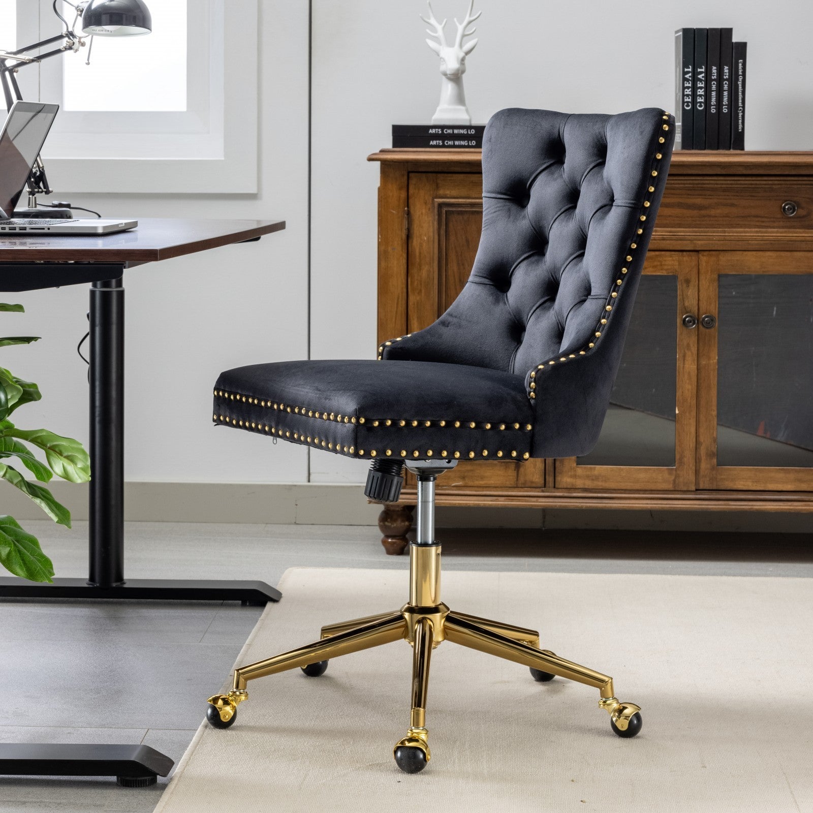 Velvet Upholstered Tufted Button Home Office Chair with Golden Metal Base, Adjustable Desk Chair Swivel Office Chair - Black