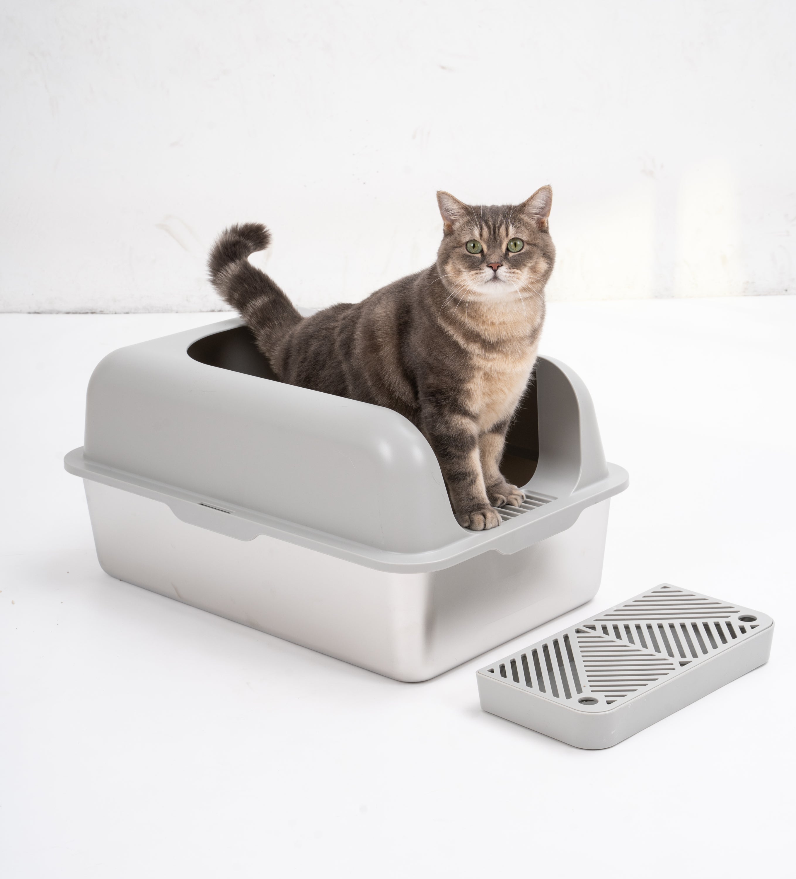 Enclosed Stainless Steel Cat Litter Box with Lid Extra Large, High Wall Sides Enclosure, Non-Sticky, Anti-Leakage, Easy Cleaning - Grey