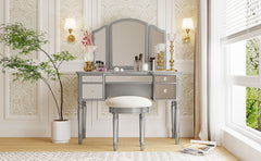 43" Makeup Vanity Set With Mirrored Drawers And Stool - Silver