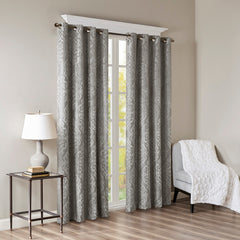 Knitted Jacquard Damask Total Blackout Grommet Top Curtain Panel - Charcoal