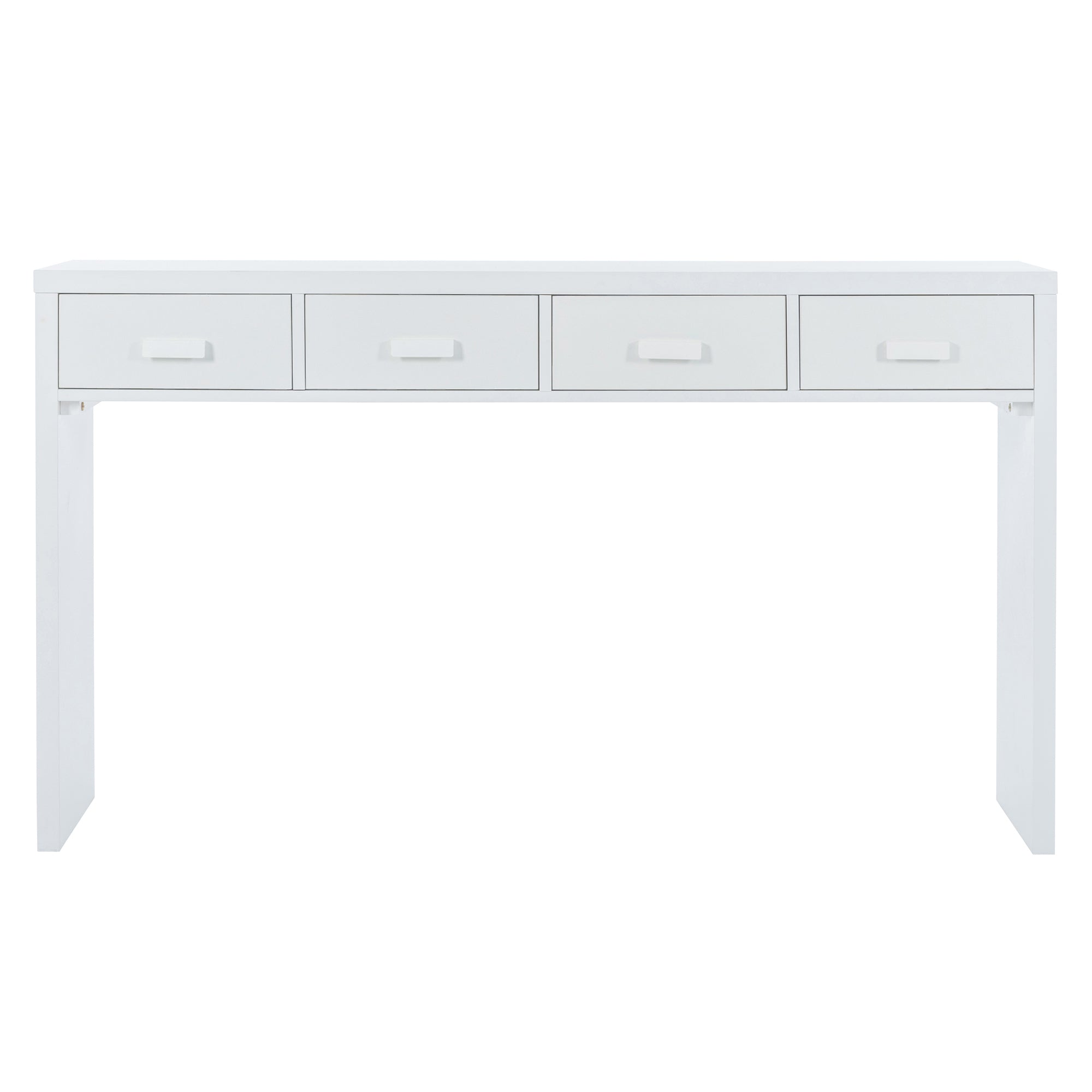 Modern Minimalist Console Table with Open Tabletop and Four Drawers with Metal Handles - White