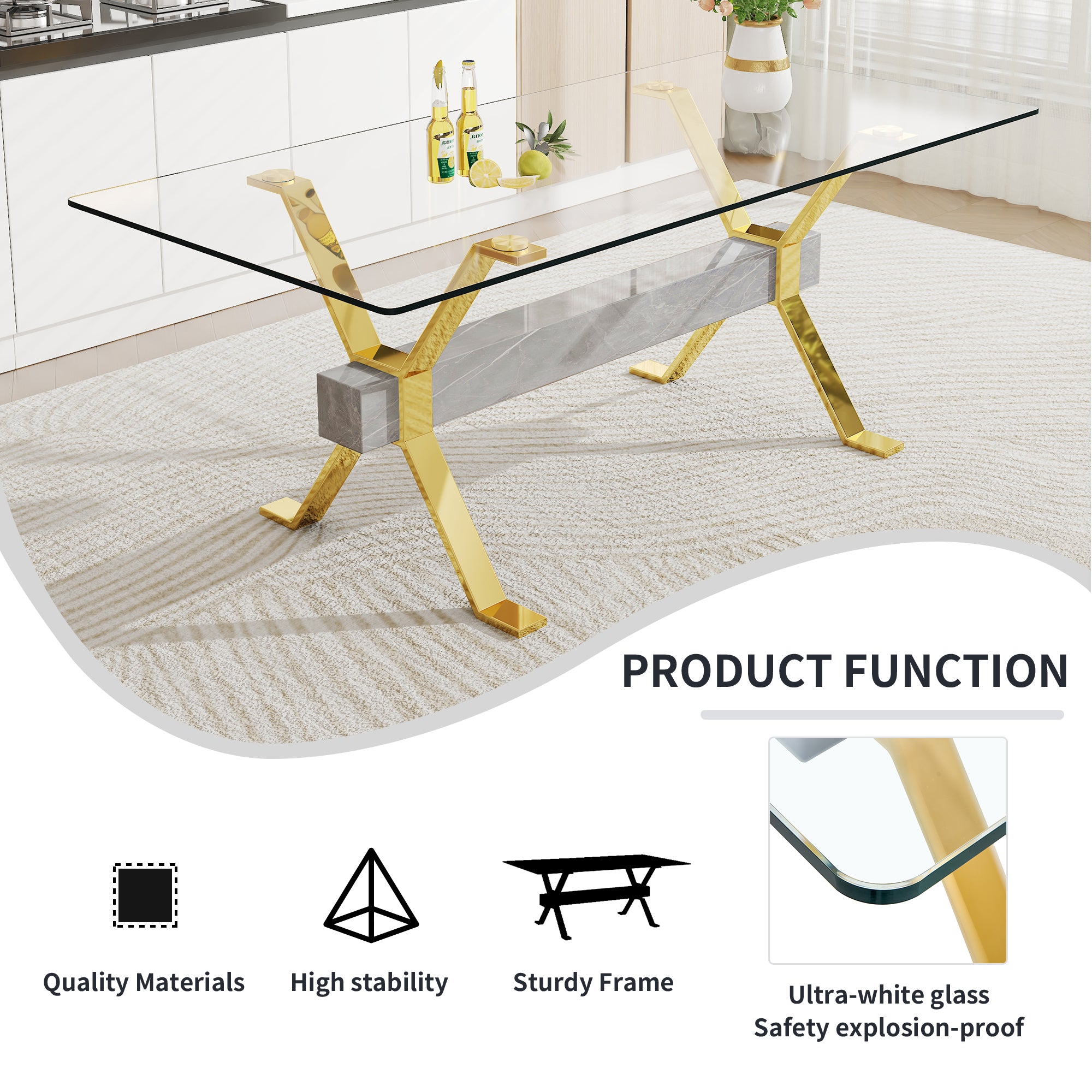 Modern Tempered Glass Dining Table - Transparent with Gold Plated Metal Legs (no chairs included))