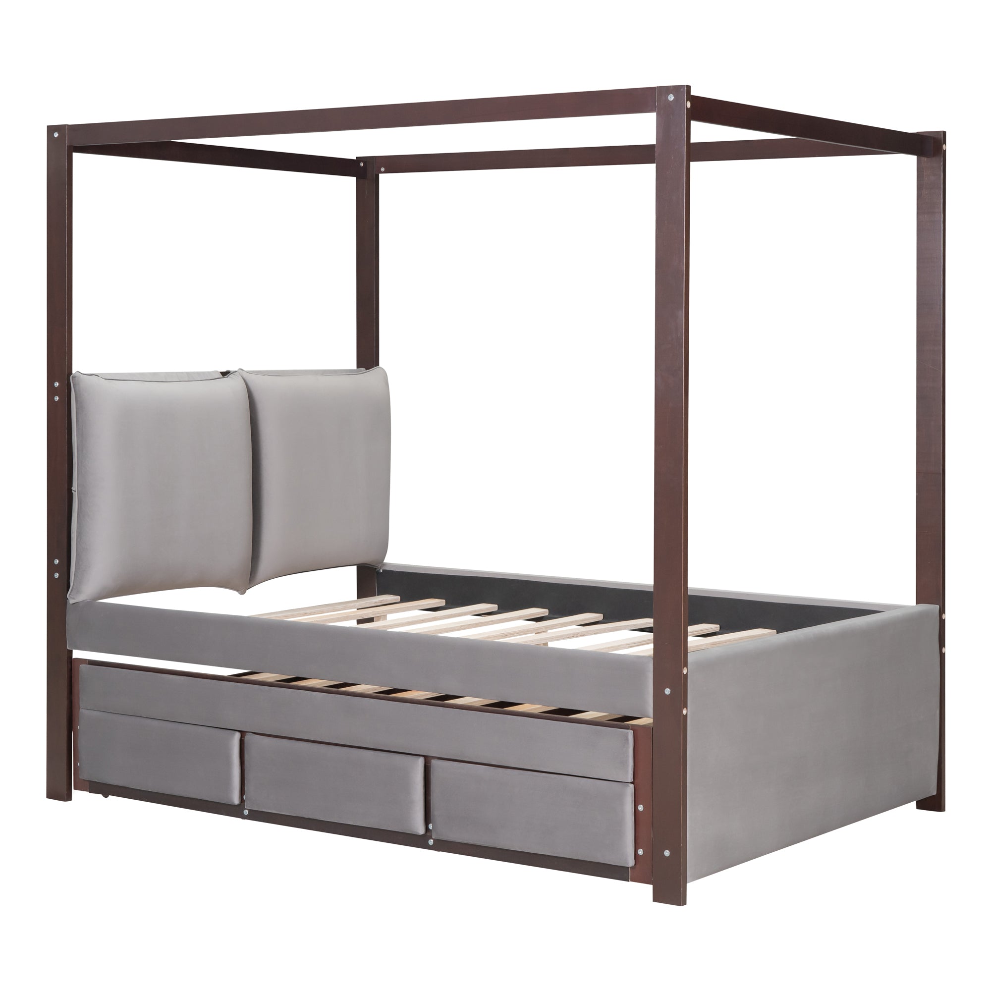 Full Size Upholstered  Canopy Bed with Trundle and 3 Drawers - Gray