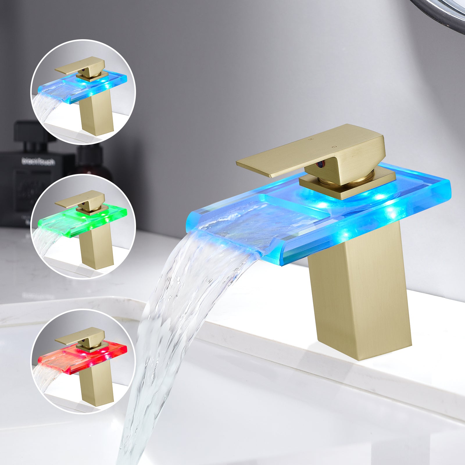 Bathroom Sink Faucet LED Light 3 Colors Changing Waterfall Glass- Gold