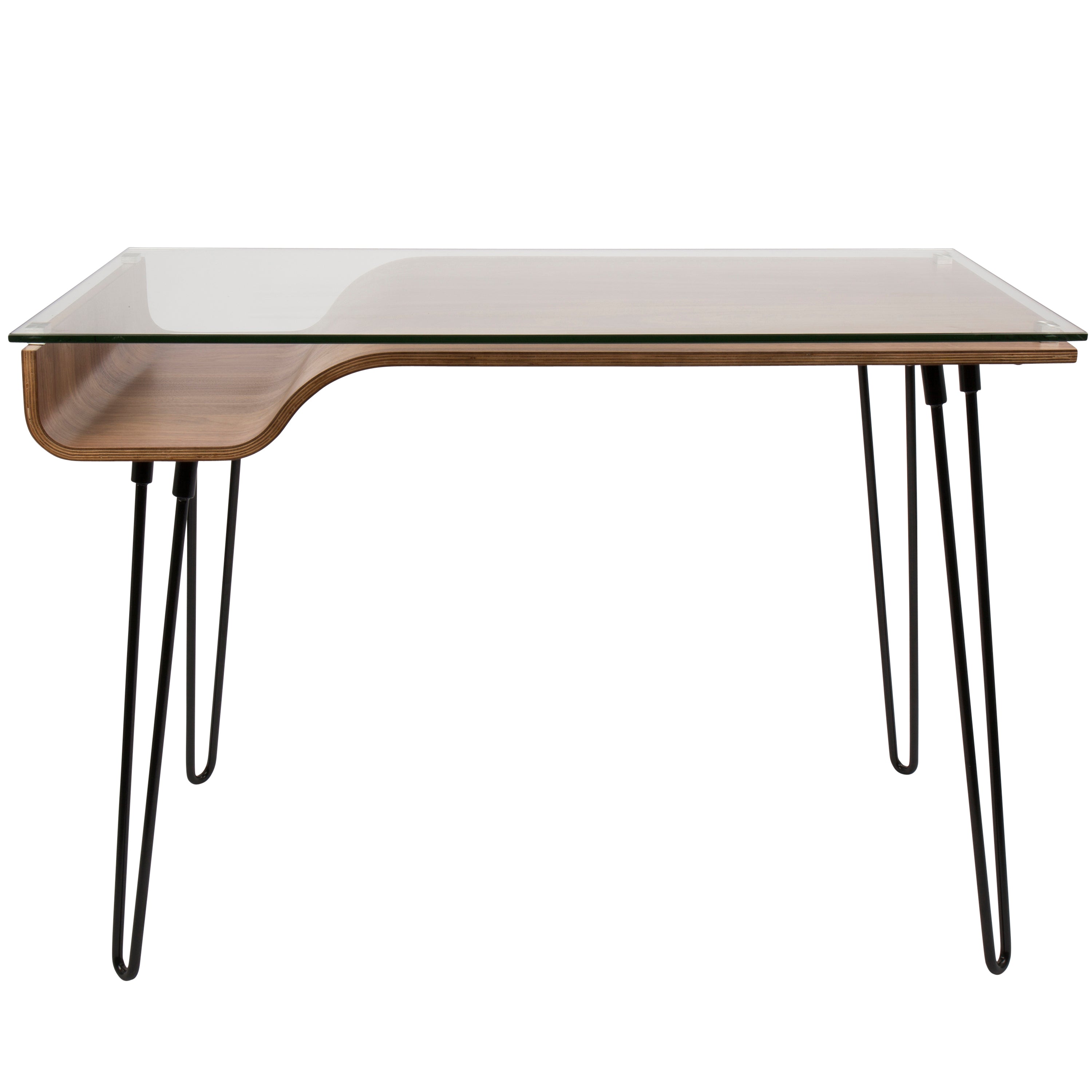 Modern Desk in Walnut Wood, Clear Glass, Black Metal