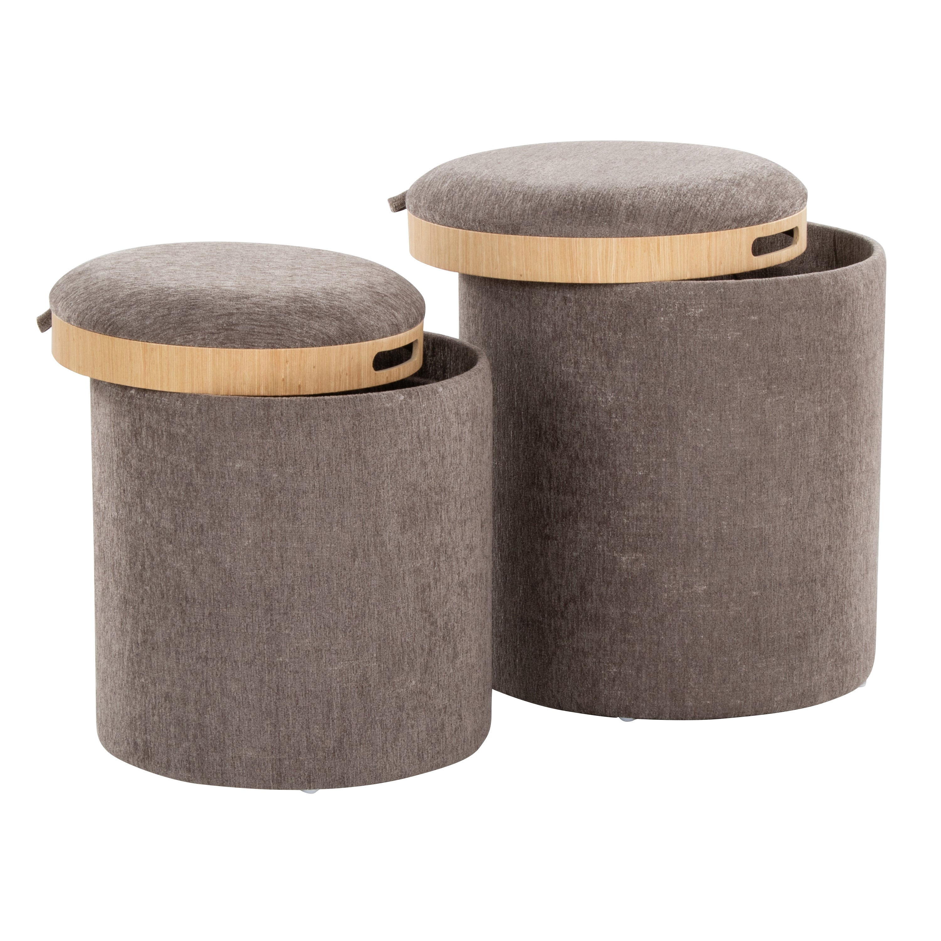 Tray Contemporary Nesting Ottoman Set in Brown Fabric and Natural Wood