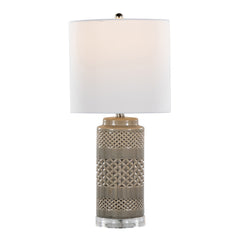 21" Contemporary Table Lamp in Opal Gray Ceramic, Polished Nickel, Clear Acrylic Accents and White Linen Shade - Set of 2