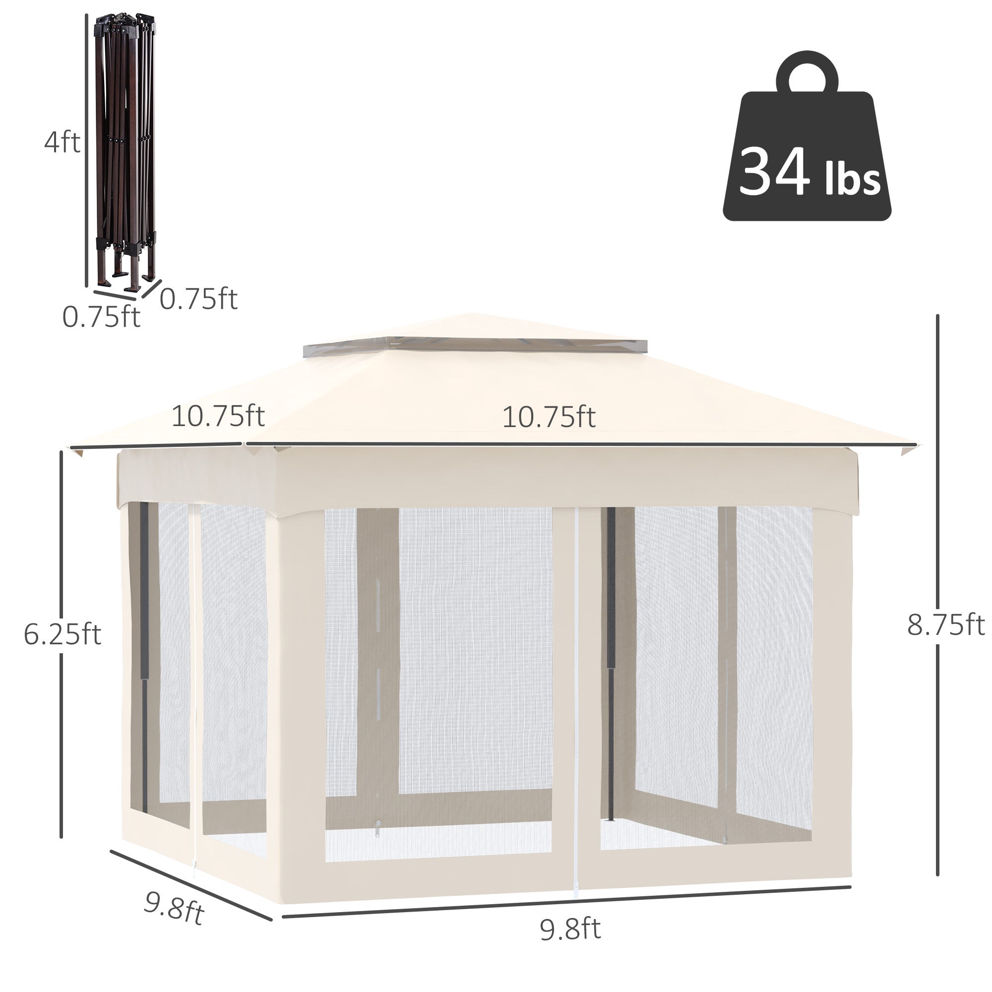 11'x11' Pop Up Canopy, Outdoor Patio Gazebo Shelter with Removable Zipper Netting, Instant Event Tent with 121 sq.ft Shade and Carry Bag for Backyard, Garden, Base 10x10 - Beige