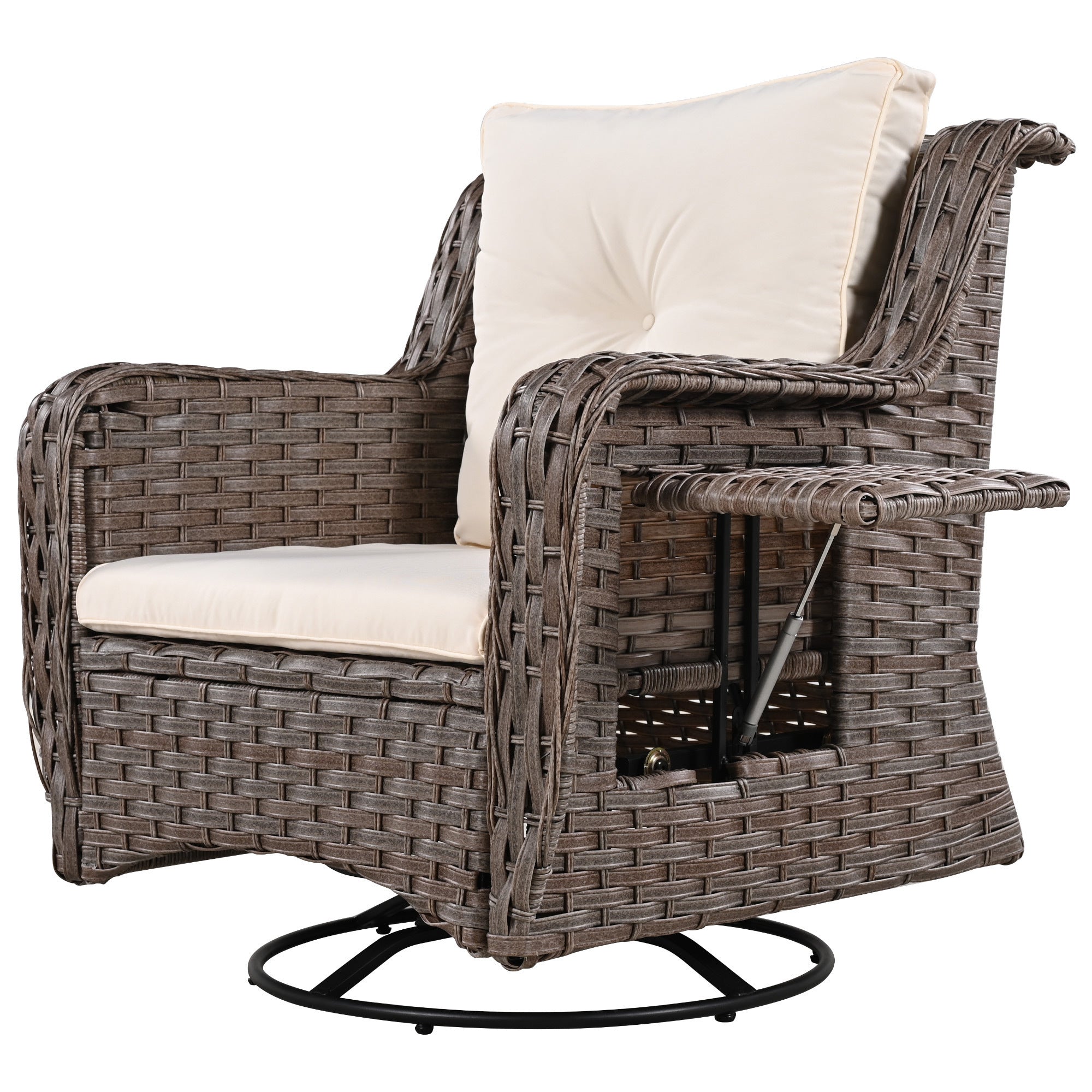 5 Pieces Outdoor Patio Furniture Set with Pet House Cool Bar and Retractable Side Tray, Rattan Wicker Patio Swivel Rocking Chairs Set of 2 with Ottomans - Beige