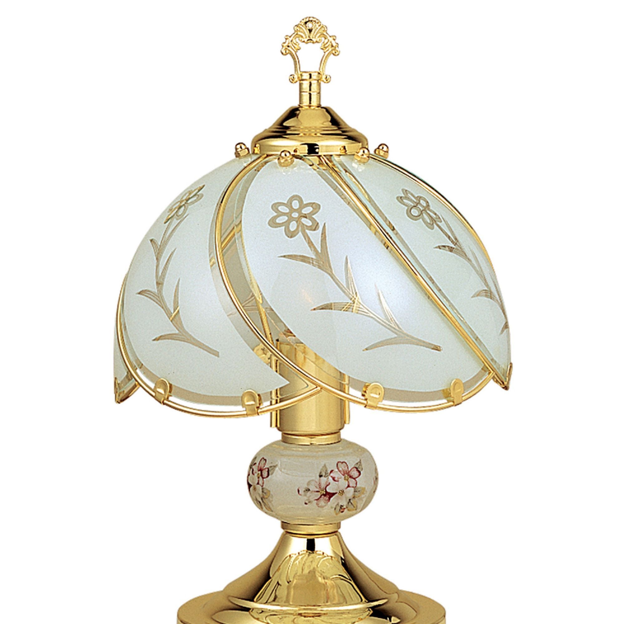 14.25" Tall Touch Table Lamp, Brushed Gold finish, Floral-Patterned Glass Shade