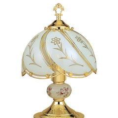 14.25" Tall Touch Table Lamp, Brushed Gold finish, Floral-Patterned Glass Shade