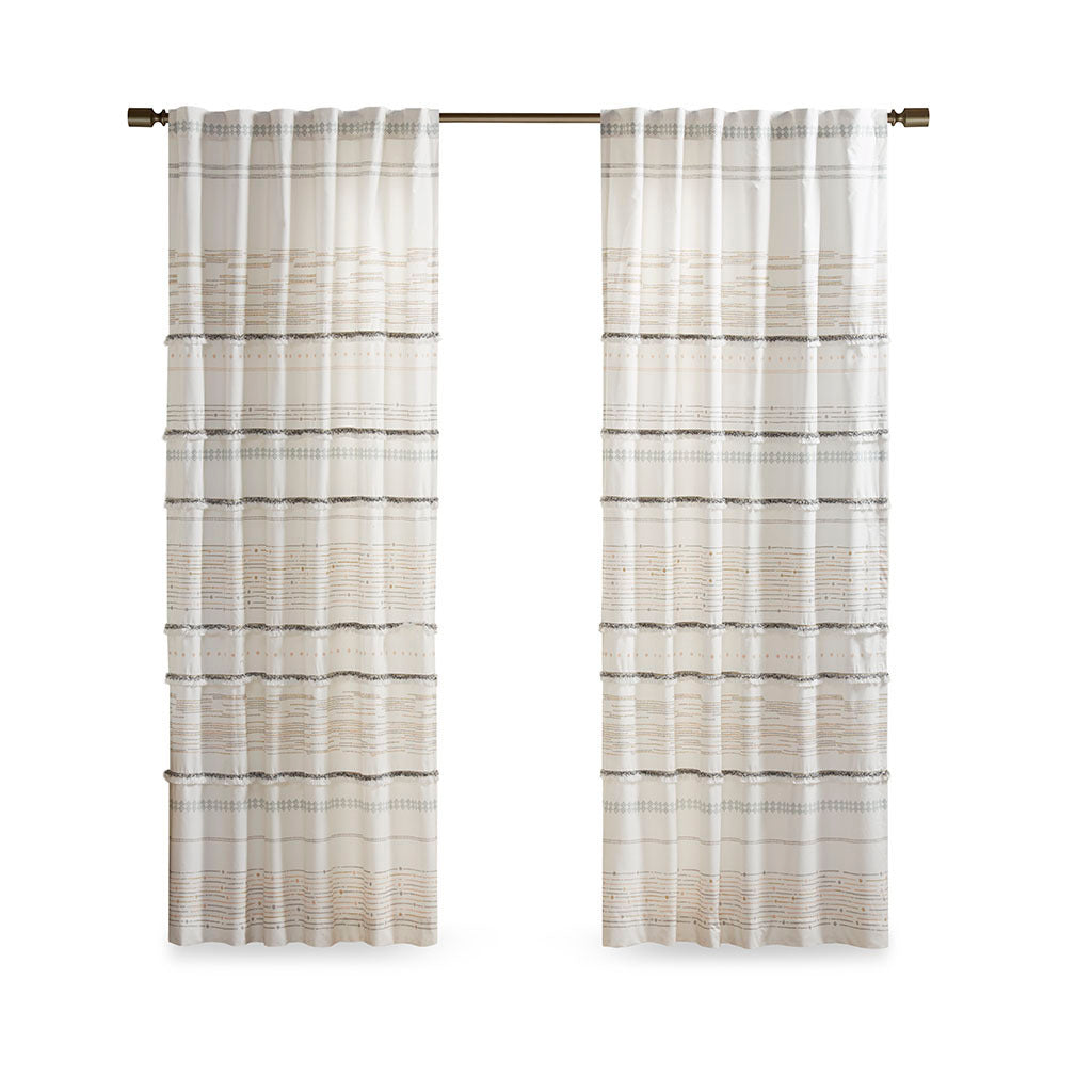 Cotton Printed Curtain Panel with tassel trim and Lining - Off White+Gray