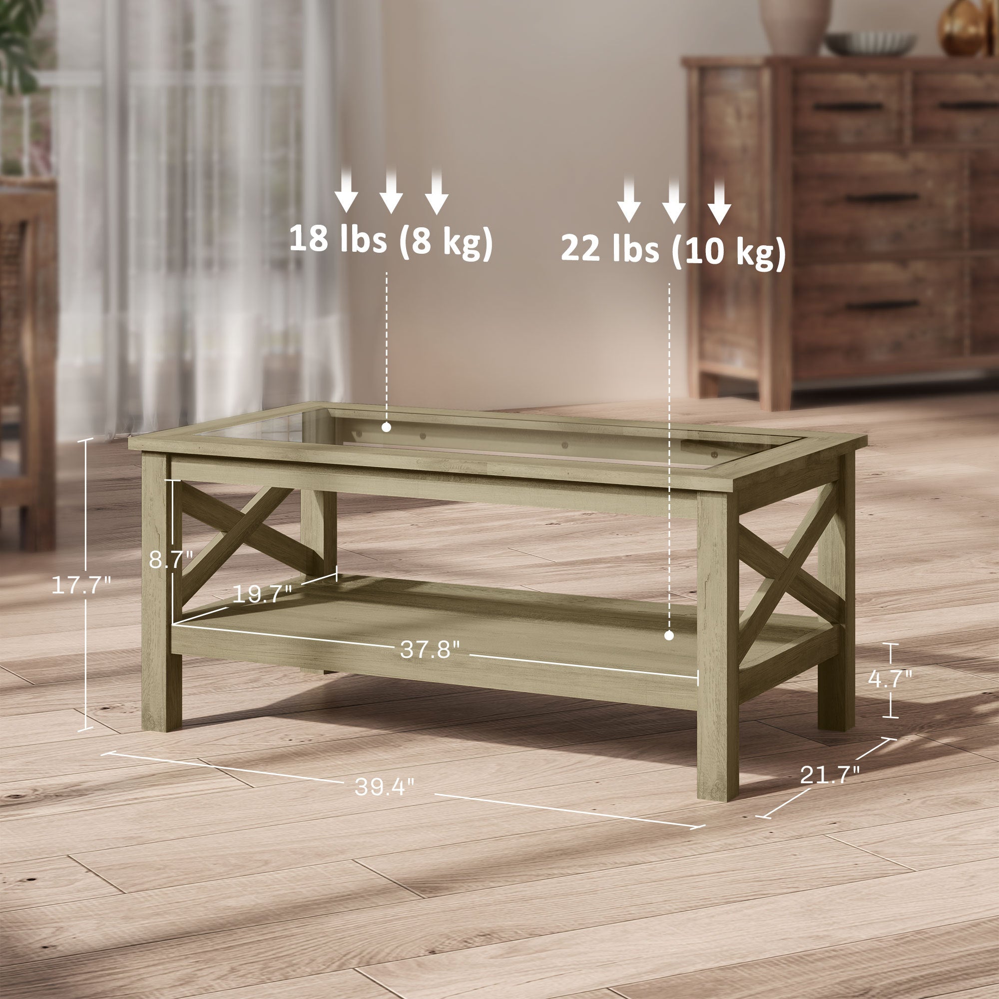 Glass Coffee Table, Modern Farmhouse Center Table with Storage with Classic X-Bar Style Sides, Gray