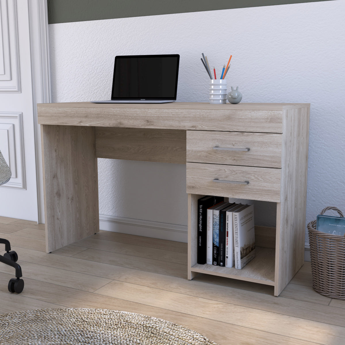 Computer Desk Limestone, Two Drawers - Light Gray Finish